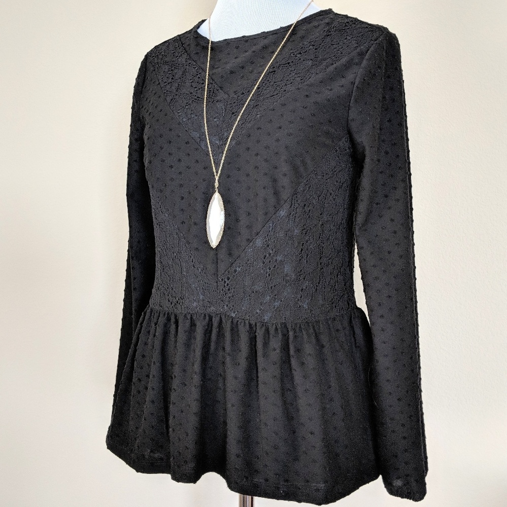 Black Lace Peplum Long Sleeved Blouse